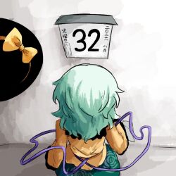  1girl black_hat bow calendar_(object) collared_shirt facing_away frilled_shirt_collar frilled_sleeves frills from_behind green_hair green_skirt hat hat_bow heripantomorrow komeiji_koishi long_sleeves missing_headwear shirt skirt solo touhou translation_request unworn_headwear wide_sleeves yellow_bow yellow_shirt 