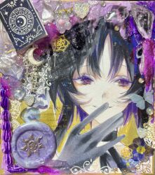  1girl absurdres black_gloves black_hair comiket_108 covering_own_mouth gloves hand_over_own_mouth highres housho_margo mahou_shoujo_no_majo_saiban meme portrait sfnnezl_0u0 shikishi short_hair smile solo traditional_media violet_eyes wax_seal yellow_background 