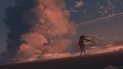  1girl artist_name blue_sky clouds cloudy_sky commentary contrail cumulonimbus_cloud dated dusk english_commentary floating_hair from_behind hatsune_miku highres holding holding_microphone long_hair microphone outdoors rune_xiao scenery signature skirt sky solo standing textless_version twintails very_long_hair vocaloid wide_shot 