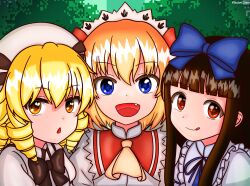  3girls absurdres aqua_ribbon blue_eyes blue_ribbon brown_hair commentary confrontation dress english_commentary fairy frills hat hat_ribbon headdress highres hime_cut licking_lips long_sleeves looking_at_viewer luna_child multiple_girls o_o open_mouth orange_hair ribbon shadow_chevy smile star_sapphire sunny_milk tongue tongue_out touhou touhou_sangetsusei yellow_eyes 
