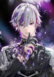  1boy artist_request black_gloves black_nails black_shirt bracelet braid collared_shirt crossed_bangs earrings finger_to_mouth fingernails fuwa_minato gloves grey_hair hair_between_eyes highres holding holding_microphone index_finger_raised jewelry long_fingernails long_sleeves looking_at_viewer male_focus microphone multicolored_hair nail_polish nijisanji official_alternate_costume official_art parted_lips partially_fingerless_gloves pink_streaks purple_hair purple_streaks ring second-party_source shirt short_hair shushing solo streaked_hair violet_eyes virtual_youtuber 
