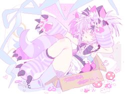  1girl \n/ absurdres animal_ears animal_hands apron bow box cardboard_box cat_ears full_body gloves highres in_box in_container original owoxxxc paw_gloves paw_shoes pink_eyes purple_hair purple_tail short_twintails solo striped_bow striped_ears tail twintails white_apron 