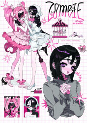  2girls absurdres alien_stage ankle_scrunchie artist_name bandana black_hair bob_cut bow carousel commentary copyright_name dress dress_bow english_text grey_jacket grid_background hair_bow heart heart-shaped_pupils high_heels highres jacket long_hair microphone mizi_(alien_stage) mizi_(zombie_stage) multiple_girls open_mouth own_hands_together pink_bow pink_dress pink_hair pink_scrunchie pink_shoes scrunchie shoes short_hair strapless strapless_dress sua_(alien_stage) sua_(zombie_stage) symbol-shaped_pupils taowu_(20809) twintails untranslatable_commentary very_long_hair violet_eyes white_bandana white_bow white_dress white_shoes zombie_stage 