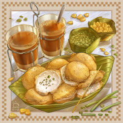  absurdres candy dessert drink_request food food_focus glass highres khanom_krok leaf_bowl lenta mixed-language_commentary no_humans original restaurant spoon spring_onion sweets thai_food 