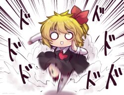  1girl :d black_skirt black_vest blonde_hair bow commentary_request hair_bow light_blush long_sleeves motion_blur motion_lines o_o one-hour_drawing_challenge red_bow red_shoes rumia running running_towards_viewer shirt shoes side_ponytail skirt smile solo sound_effects touhou unime_seaflower vest white_background white_shirt 