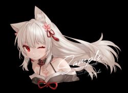  ;) animal_ear_fluff animal_ears bare_shoulders black_choker black_kimono blush bow bowtie cat_ears cat_girl chinese_commentary choker collarbone commentary_request cropped_torso flower frilled_choker frills hair_flower hair_ornament halterneck highres japanese_clothes kimono logo long_hair looking_at_viewer miyayoki off_shoulder one_ear_down one_eye_closed original red_bow red_bowtie red_eyes sample_watermark smile watermark white_hair 