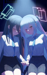  2girls :o absurdres aqua_halo aris_(blue_archive) black_bow black_hair black_hairband black_skirt blue_archive blue_necktie bow box_(bagsang59049289) bright_pupils closed_eyes collared_shirt commentary cowboy_shot d: dim_lighting dot_nose double-parted_bangs dress_shirt eyes_visible_through_hair facing_ahead hair_between_eyes hair_bow hairband half_updo halo heads_together highres holding_hands indoors kei_(blue_archive) kei_(student)_(blue_archive) legs_together light_blush long_hair long_hair_between_eyes long_sidelocks looking_at_viewer loosely_tucked_bangs medium_skirt multi-source_commentary multiple_girls necktie no_jacket overlighting parted_lips pink_eyes pink_halo pleated_skirt rectangular_halo shirt shirt_tucked_in siblings sidelocks sisters sitting skirt sleeping twins very_long_hair white_hair white_pupils white_shirt 