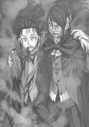  2boys arm_around_neck arm_around_shoulder bandaged_head bandages blood blood_on_clothes blood_on_face bruise bruise_on_face cape gloves greyscale hair_slicked_back hand_on_another's_shoulder highres injury jacket long_sleeves male_focus monochrome multiple_boys natsuki_subaru novel_illustration official_art ootsuka_shin'ichirou open_mouth pants re:zero_kara_hajimeru_isekai_seikatsu short_hair standing third-party_source torn_clothes vincent_vollachia 