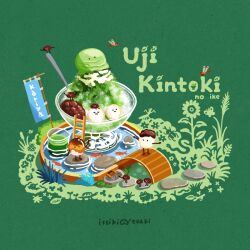  ._. artist_name beaker bridge closed_eyes closed_mouth commentary_request fish flower food food_focus glass green_background green_tea ice_cream issiki_toaki matcha_(food) no_humans no_mouth original pond red_bean red_bean_ice_cream red_bean_paste scenery sentient_food shaved_ice stepping_stones sunflower syrup tea translation_request ujikintoki water wooden_bridge 
