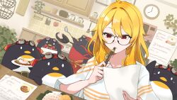  1girl absurdres analog_clock apron bird blonde_hair clock commentary cooking cupboard double-parted_bangs english_commentary eyebrows_hidden_by_hair food frying_pan futomoyashi goggles goggles_on_head highres holding holding_food holding_frying_pan holding_paper holding_pen holding_plate hololive hololive_indonesia indoors kaela_kovalskia kitchen leaf long_hair looking_down loose_clothes loose_hair_strand loose_shirt microwave multi-source_commentary non-web_source official_alternate_costume official_art paper pemaloe_(kaela_kovalskia) pen pen_to_mouth penguin plant plate reading recipe_(object) red_apron red_eyes rice round_eyewear second-party_source shirt sidelocks spatula stove swept_bangs table v-neck virtual_youtuber white_shirt wooden_table 