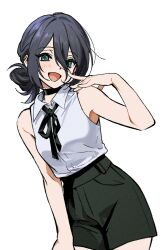  1girl black_choker black_hair black_ribbon blush chainsaw_man choker collared_shirt green_eyes grenade_pin hair_between_eyes hair_bun hand_on_own_face highres looking_at_viewer neck_ribbon ottonyao pull_cord purple_hair reze_(chainsaw_man) ribbon shirt short_hair simple_background sleeveless sleeveless_shirt smile solo white_shirt 