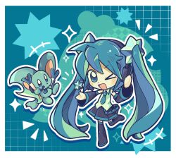  1boy 1girl :d aqua_theme belt blue_background blue_belt blue_hair blue_trim bt_lemonsoda chibi chibi_only color_connection crossover elfilin food hatsune_miku highres holding holding_food holding_spring_onion holding_vegetable kirby's_dream_land kirby_(series) leg_up one_eye_closed open_mouth smile spring_onion standing standing_on_one_leg star_(symbol) vegetable vocaloid 