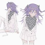 1girl arm_support arms_behind_back bangs bow buttons checkered_bow checkered_clothes checkered_scarf commentary_request cowboy_shot danganronpa_(series) danganronpa_v3:_killing_harmony double-breasted emuemu310 genderswap genderswap_(mtf) hair_between_eyes highres jacket knee_up long_hair long_sleeves male_focus multiple_views ouma_kokichi pink_eyes pleated_skirt profile scarf shiny shiny_hair simple_background sitting sketch skirt thigh-highs white_jacket white_skirt zettai_ryouiki 