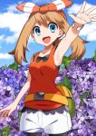  1girl :d absurdres armpits bangs bare_arms black_legwear blue_eyes blue_sky breasts brown_hair clouds collarbone cowboy_shot day flower hair_between_eyes highres legwear_under_shorts long_hair may_(pokemon) outdoors outstretched_arm outstretched_hand pokemon pokemon_(game) pokemon_oras purple_flower red_shirt shiny shiny_hair shirt short_shorts shorts sky sleeveless sleeveless_shirt small_breasts smile solo standing twintails white_shorts yuihico 