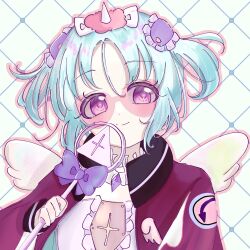  1girl aqua_hair blush bow bowtie closed_mouth commentary commentary_request gem hair_ornament highres holding holding_wand jacket looking_at_viewer magical_girl mahou_shoujo_ikusei_keikaku mahou_shoujo_ikusei_keikaku_f2p malu_661 purple_bow purple_bowtie purple_gem smile stella_lulu violet_eyes wand wings 