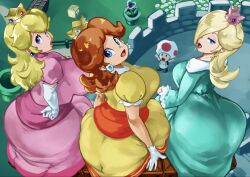  ?_block aqua_dress arms_up battlement block_(mario) blonde_hair blue_eyes breasts brown_hair commentary_request crown dress earrings fence fire_flower flower flower_earrings from_above hair_over_one_eye hand_on_own_hip highres hime_lolita huge_breasts jewelry kyuugata large_breasts lolita_fashion looking_back open_mouth parted_lips pink_dress piranha_plant princess_daisy princess_peach red_toad_(mario) rosalina sitting sphere_earrings star_(symbol) star_earrings super_mario_bros. toad_(mario) warp_pipe white_flower wooden_fence yellow_dress 