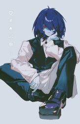  ... 1other absurdres androgynous apron black_pants black_shoes blue_hair blue_skin closed_mouth colored_skin commentary deltarune english_commentary explosion hair_between_eyes hand_on_own_chin hand_on_own_face hand_on_own_knee hashtag heart highres kiousagi kris_(cooking_show)_(deltarune) kris_(dark_world)_(deltarune) kris_(deltarune) long_sleeves looking_at_viewer medium_hair official_alternate_costume on_ground other_focus pants red_eyes shirt shoes simple_background sitting utdr_(toby_fox) vest waist_apron white_apron white_background white_shirt 