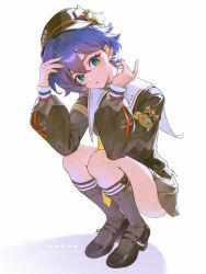  1girl aurelia_academy_school_uniform belle_(brilliance_of_stars)_(zenless_zone_zero) belle_(zenless_zone_zero) black_hat black_shoes black_skirt black_socks black_sweater blue_hair commentary crossed_bangs english_commentary green_eyes hat highres little_dchan looking_at_viewer necktie official_alternate_costume school_uniform shako_cap shoes skirt socks solo sweater white_background yellow_necktie zenless_zone_zero 