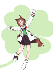  1girl :d ^_^ absurdres agay1996 animal_ears black_skirt boots brown_hair closed_eyes clover clover_hair_ornament facing_viewer fine_motion_(noble_seamair)_(umamusume) fine_motion_(umamusume) four-leaf_clover gloves green_background green_shirt hair_ornament highres horse_ears horse_girl horse_tail jacket long_sleeves multicolored_hair open_mouth outstretched_arms shirt skirt smile socks solo spread_arms tail two-tone_background two-tone_hair umamusume white_background white_boots white_gloves white_hair white_jacket white_socks 