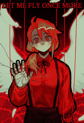  1girl against_glass ahoge ai-assisted black_outline black_pants collared_shirt commentary crack curtained_hair english_commentary english_text falling_feathers feathered_wings feathers gradient_background hair_between_eyes hair_over_shoulder head_tilt highres looking_at_viewer low_side_ponytail medium_hair multicolored_eyes no_mouth orange_hair original outline pants partially_shaded_face prosthesis puppet_strings rhapsodyxvi shirt side_part side_ponytail single_sidelock solo spierce_(rhapsodyxvi) straight-on string string_of_fate string_tie suspenders thorns wings 