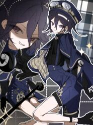  1boy absurdres alternate_costume ankle_socks beret black_boots black_bow black_bowtie black_gloves black_shirt boots bow bowtie breasts brooch brown-framed_eyewear brown_background brown_cloak buttons cloak closed_mouth commentary danganronpa_(series) danganronpa_v3:_killing_harmony dot_nose evil_grin evil_smile finger_to_own_chin foot_out_of_frame gear_print gloves goggles goggles_on_headwear grid_background grin hair_between_eyes happy hat high-waist_shorts high_heel_boots high_heels highres holding jewelry leg_up long_hair_between_eyes long_sleeves looking_at_viewer male_focus memeeo0o multiple_views oma_kokichi outline plaid_background plaid_cloak plaid_clothes print_shorts puffy_long_sleeves puffy_sleeves purple_cloak purple_hair purple_hat purple_shorts round_eyewear shaded_face shirt short_hair shorts small_breasts smile smug socks sparkle standing steampunk suspender_shorts suspenders two-sided_cloak two-sided_fabric untranslatable_commentary violet_eyes white_outline white_socks 