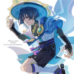  1boy arm_at_side armor belt black_belt black_bodysuit black_bow black_sandals black_shorts blue_cape blue_gem blue_hat blue_jingasa blue_kimono blue_sleeves blunt_ends bodysuit bow bridal_gauntlets bright_pupils cape clothing_cutout covered_collarbone drop_shadow eyeliner feathers furisode gem genshin_impact gold gold_ring grey_bridal_gauntlets grin hakama hakama_shorts hand_up hat highres hip_vent japanese_armor japanese_clothes jingasa juban kimono kote kurokote layered_sleeves leg_warmers looking_to_the_side makeup male_focus mandala mandarin_collar middle_ring nonoji_(nonoji_ekaki) open_clothes open_kimono outline pleated_shorts pom_pom_(clothes) purple_rope purple_sash red_eyeliner rope sandals sash scaramouche_(genshin_impact) short_sleeves shorts shoulder_peek side_cape smile solo stirrup_legwear tassel toeless_legwear twitter_username violet_eyes vision_(genshin_impact) wanderer_(genshin_impact) white_background white_kimono white_leg_warmers white_outline white_pupils white_sleeves white_trim wispy_bangs wolf_cut yellow_feathers zouri 