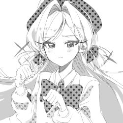  1girl astrae_oratio blush bow bowtie child commission commissioner_upload crepe_commission earrings greyscale hair_intakes hair_tie hat highres jakesim jewelry long_eyelashes long_sleeves mitsukoe_runa monochrome non-web_source paw_pose polka_dot short_twintails shy single_earring sketch solo twintails white_hair 