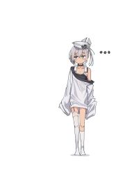  ... 1girl absurdres black_one-piece_swimsuit choker closed_mouth commentary_request dace_(kancolle) dixie_cup_hat full_body garter_straps grey_eyes grey_hair hat headgear highres kantai_collection long_sleeves military_hat off_shoulder one-piece_swimsuit simple_background sing152 single_garter_strap single_sock single_thighhigh sleeves_past_wrists socks solo spoken_ellipsis standing swimsuit thigh-highs white_background white_hat white_socks white_thighhighs wide_sleeves 