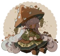  1girl blush_stickers boots bottle brown_boots bug butterfly deformed dress earrings falling_leaves food-themed_hair_ornament frilled_dress frills green_dress green_leaf green_sleeves grey_hair hair_ornament hat_ornament highres holding holding_bottle holding_potion jewelry layered_dress leaf leaf_bow leaf_hat_ornament littlebluemuffin long_hair long_sleeves mushroom mushroom_hair_ornament mushroom_hat open_mouth original pointy_ears potion single_earring sitting steam triangle_print very_long_hair wavy_hair white_background yellow_eyes 