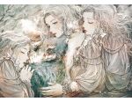  2018 3girls animal blush chinese_zodiac closed_eyes dress grey_eyes hug jewelry kobone_awaki long_hair multiple_girls original parted_lips snow tassel upper_body wavy_hair white_dress white_hair wolf year_of_the_dog 