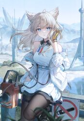  1girl against_railing animal_ears arknights arknights:_endfield bare_shoulders bird_ears bird_girl black_gloves black_pantyhose black_shoes blue_eyes chainsaw commentary dress fu_shang gloves grey_hair highres jacket knee_up long_hair looking_at_viewer off_shoulder open_clothes open_jacket outdoors pantyhose parted_lips perlica_(arknights) railing shoes sleeveless sleeveless_dress solo standing standing_on_one_leg two-sided_gloves white_dress white_jacket yellow_gloves yellow_pupils 