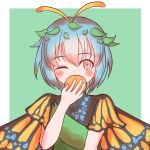  1girl antennae aqua_hair bad_id bad_pixiv_id blush border butterfly_wings dress eternity_larva eyebrows_visible_through_hair fairy food fruit green_dress hair_between_eyes holding holding_food holding_fruit leaf leaf_on_head multicolored_clothes multicolored_dress one_eye_closed orange_(fruit) orange_eyes short_hair short_sleeves single_strap skyw solo third-party_source touhou upper_body white_border wings 