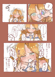 1girl absurdres braid braided_sidelocks candy canon_event commentary_request food green_eyes hiccup highres holding holding_candy holding_food long_hair musical_note open_mouth orange_hair pointy_ears sidelocks sigrika_(wuthering_waves) smile spoken_musical_note sunacchouse tears veil white_mouth white_veil wuthering_waves 