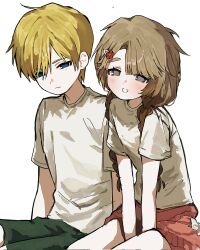  1boy 1girl aged_down arms_between_legs blonde_hair blue_eyes blush braid cmcmchuchu commentary_request commission cowboy_shot crew_neck degrees_of_lewdity dot_nose flower_hairclip green_shorts grey_eyes highres korean_commentary light_frown long_hair looking_at_viewer mole mole_under_eye original parted_bangs player_character_(degrees_of_lewdity) player_character_(female)_(degrees_of_lewdity) second-party_source shirt short_hair short_sleeves shorts smile twin_braids very_short_hair white_shirt whitney_(degrees_of_lewdity) whitney_(male)_(degrees_of_lewdity) 