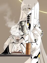  1girl blue_archive coffee colored_skin commentary_request hair_over_one_eye halo highres long_hair long_sleeves looking_at_viewer malkuth_(blue_archive) simple_background solo symbol-shaped_pupils very_long_hair white_hair white_skin wu-234 x-shaped_pupils yellow_eyes yellow_halo 
