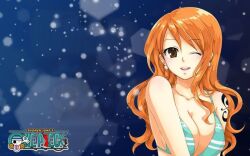 2000s_(style) ;d artist_request bikini bikini_top blue_background blush bra brown_eyes cleavage collarbone earrings fanart green_bikini logo long_hair nami_(one_piece) one_eye_closed one_piece orange_hair pearl_earrings snowflakes striped striped_clothes striped_shirt teal_shirt timeskip wavy_hair wink