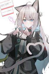  1girl absurdres ahoge animal_ears arknights black_collar black_jacket blue_eyes blush cat_ears cat_girl cat_tail closed_mouth collar commentary_request criss-cross_straps dress four-finger_heart_hands grey_hair hair_between_eyes hair_ribbon hands_up heart heart_hands heart_tail high_collar highres infection_monitor_(arknights) jacket long_hair long_sleeves looking_at_viewer marshmallow_(site) mint_(arknights) momiji_ilust off-shoulder_dress off_shoulder one_ear_down open_clothes open_jacket puffy_long_sleeves puffy_sleeves ribbon simple_background solo spaghetti_strap striped_clothes striped_dress tail upper_body vertical-striped_clothes vertical-striped_dress white_background white_dress white_ribbon 