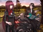  1boy 1girl :d bangs black_jacket black_pants blue_eyes breasts brown_hair can collared_shirt day eyebrows_visible_through_hair fate/empire_of_dirt fate_(series) game_cg grin ground_vehicle hair_between_eyes hair_intakes holding holding_can holding_map ikemeru19 jacket long_hair long_sleeves map medium_breasts motor_vehicle motorcycle outdoors pants purple_hair red_eyes red_scarf scarf scathach_(fate) shiny shiny_hair shirt short_hair sitting smile straight_hair very_long_hair watch watch white_shirt wing_collar 