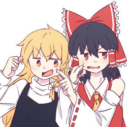  2girls ascot black_hair black_vest blonde_hair bow braid cheek_pinching commentary detached_sleeves frilled_bow frilled_hair_tubes frills fukodesu hair_bow hair_tubes hakurei_reimu highres kirisame_marisa long_hair missing_headwear multiple_girls mutual_cheek_pinching pinching red_bow red_eyes ribbon-trimmed_sleeves ribbon_trim side_braid single_braid touhou vest white_bow yellow_ascot yellow_eyes 
