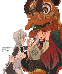  2girls absurdres alternate_costume animal_costume apron black_bow black_bowtie black_dress blush bow bowtie braid chenwei_jun chinese_commentary collared_shirt commentary_request copyright_name dated dragon_costume dragon_print dress grey_hair hair_bow highres hong_meiling izayoi_sakuya long_hair maid_apron maid_headdress multiple_girls one_eye_closed open_mouth puffy_short_sleeves puffy_sleeves red_eyes red_hair shirt short_sleeves simple_background smile sweat touhou twin_braids very_long_hair white_apron white_background wiping_sweat 
