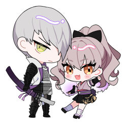  absurdres blush chibi commentary_request expressionless fang full_body green_eyes grey_hair highres husband_and_wife ishida_mitsunari_(sengoku_basara) katana long_hair looking_at_viewer nashi_(shi_ra_nu_i) oc_x_canon orange_eyes original ponytail sengoku_basara skirt smile sword utaha_(nashi) weapon 