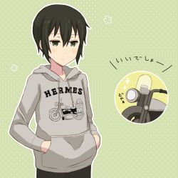  1girl black_hair black_pants character_print green_background green_eyes grey_hoodie hair_between_eyes hands_in_pockets hermes_(kino_no_tabi) hood hoodie kino_(kino_no_tabi) kino_no_tabi light_blush long_sleeves motor_vehicle motorcycle pants polka_dot polka_dot_background short_hair simple_background sparkle third-party_source translation_request upper_body usui_(user_45213150) 