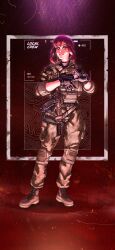  1girl aks-74u assault_rifle battery_indicator black_background blood boots chainsaw_man fyugins_png gloves gradient_background gun highres kalashnikov_rifle knee_pads makima_(chainsaw_man) military military_uniform orange_eyes propaganda red_background red_hair rifle russo-ukrainian_war smile solo standing wagner_group weapon 