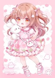  1girl :d animal_bag bag blush blush_stickers bow brown_hair chiika_(cure_cherish) child collared_shirt commentary commission dated diagonal-striped_dress dress dress_shirt english_commentary fingernails floral_print floral_print_dress frilled_shirt_collar frilled_sleeves frills full_body hair_bow hair_intakes hair_ornament hand_up heart highres holding holding_stuffed_toy long_hair mary_janes medium_dress multiple_hair_bows open_mouth orange_eyes original peter_pan_collar petticoat pinafore_dress pink_background pink_bow pink_dress pink_shoes print_dress puffy_short_sleeves puffy_sleeves rabbit_hair_ornament shirt shoes short_sleeves shoulder_bag sidelocks skeb_commission sleeveless sleeveless_dress smile solo standing star_(symbol) star_print stuffed_animal stuffed_rabbit stuffed_toy twitter_username two_side_up watermark 