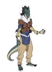  1boy artist_request black_hair brown_armor brown_pants claws closed_mouth colored_skin dragon_horns full_body fur_collar gabiru_(tensura) green_skin horns lizard_tail lizardman long_sleeves looking_at_viewer male_focus medium_hair official_art pants second-party_source simple_background solo standing tail tensei_shitara_slime_datta_ken transparent_background white_skin 