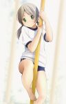  1girl arm_up bangs barefoot blue_buruma blurry blurry_background brown_hair buruma climbing commentary_request depth_of_field eyebrows_visible_through_hair feet_out_of_frame green_eyes gym_shirt gym_uniform hand_up highres long_hair low_twintails original parted_bangs pole puffy_short_sleeves puffy_sleeves shibacha shirt short_sleeves solo twintails white_shirt 