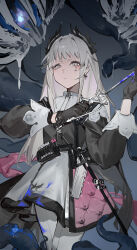  1girl absurdres ammunition_belt arknights black_dress black_gloves commentary_request cowboy_shot cross_scar dress earrings front-seamed_legwear gloves grey_eyes grey_hair gun handgun head_wings highres holding holding_sword holding_weapon holstered irene_(arknights) jewelry long_hair monster multicolored_dress pantyhose pink_dress rapier ren_er_nu_zi_kou_gui scar scar_across_eye scar_on_face seaborn_(arknights) seamed_legwear slime_(substance) solo sword weapon white_dress white_pantyhose wings 