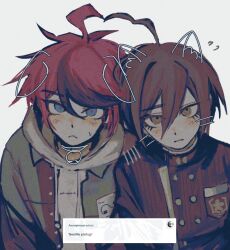  2boys ahoge black_hair blue_eyes blush crossover danganronpa_(series) danganronpa_v3:_killing_harmony drawn_ears drawn_whiskers english_commentary english_text ff9900 flying_sweatdrops grey_background hair_between_eyes hood hood_down hoodie jacket looking_at_viewer lower_eyelashes_only male_focus multicolored_hair multiple_boys red_hair saihara_shuichi simple_background streaked_hair sumino_takumi the_hundred_line_-last_defense_academy- tumblr_ask upper_body white_hoodie 