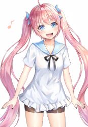  1girl :d ahoge arms_at_sides bike_shorts black_nails black_ribbon blue_bow blue_eyes blue_sailor_collar blush bow collarbone commentary_request cowboy_shot fang hair_bow highres jasony long_hair looking_at_viewer milim_nava musical_note nail_polish neck_ribbon open_mouth pink_hair ribbon sailor_collar shirt short_sleeves sidelocks simple_background smile solo tensei_shitara_slime_datta_ken twintails very_long_hair white_background white_shirt 