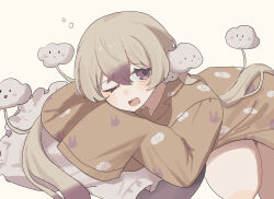  1girl animal_print blush brown_eyes commentary_request highres long_hair looking_at_viewer magical_girl mahou_shoujo_ikusei_keikaku mahou_shoujo_ikusei_keikaku_unmarked multicolored_hair nemurin one_eye_closed open_mouth pajamas pillow pink_background rabbit_print rfo_2011 